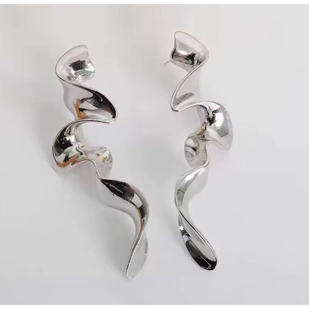 Silver Geometric Ribbon Crumpled Molten Metal Drop Statement Earrings AP23